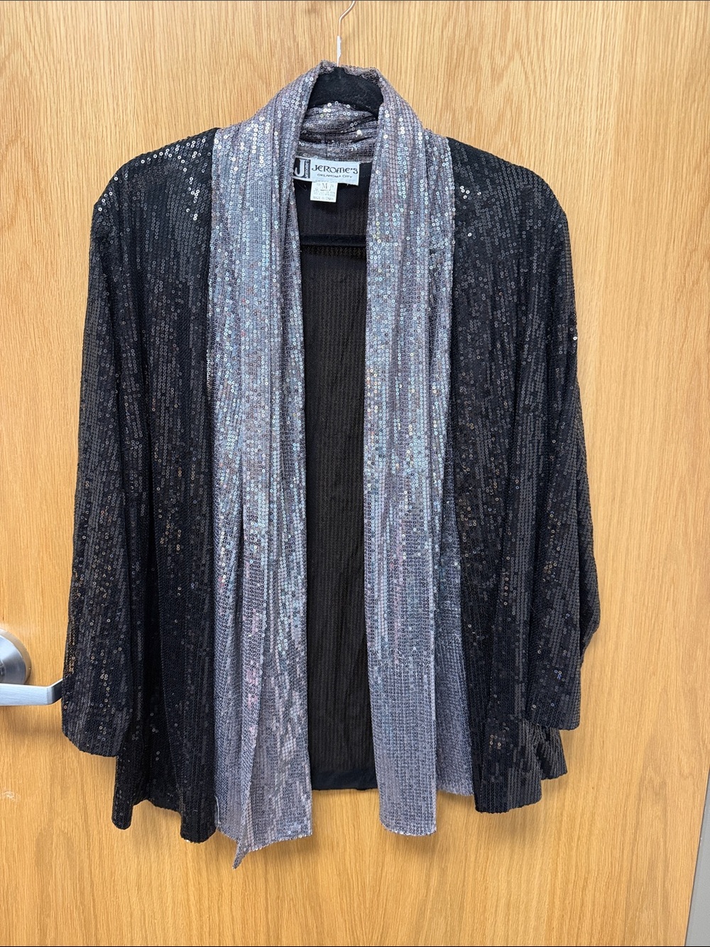 Vintage 80s Jerome’s Black Sequin Open-Front Cardigan with Silver Trim Size M